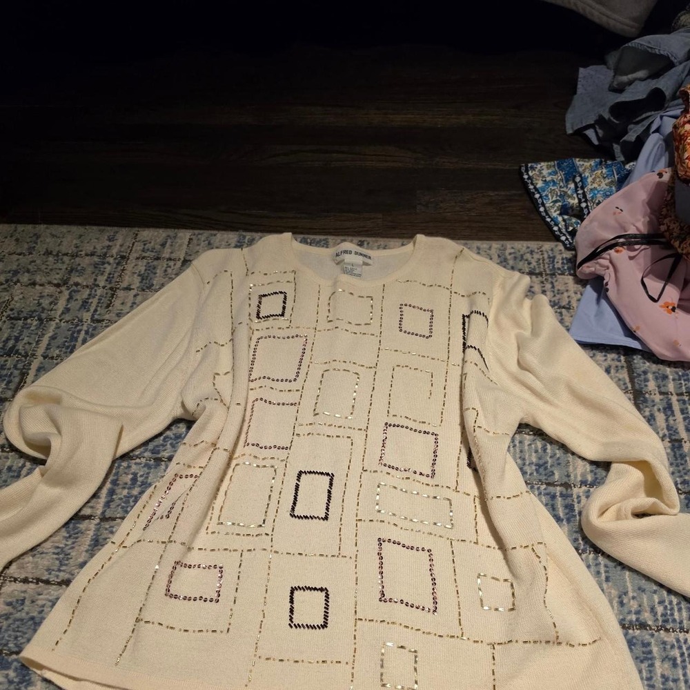 Alfred Dunner Cream Geometric Beaded Sequin Sweater Vintage Style Large